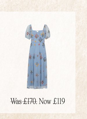 Cressida embroidered midi dress in recycled polyester blue