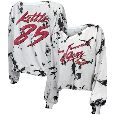Women's George Kittle White San Francisco 49ers Off-Shoulder Tie-Dye Name & Number Long Sleeve V-Neck T-Shirt