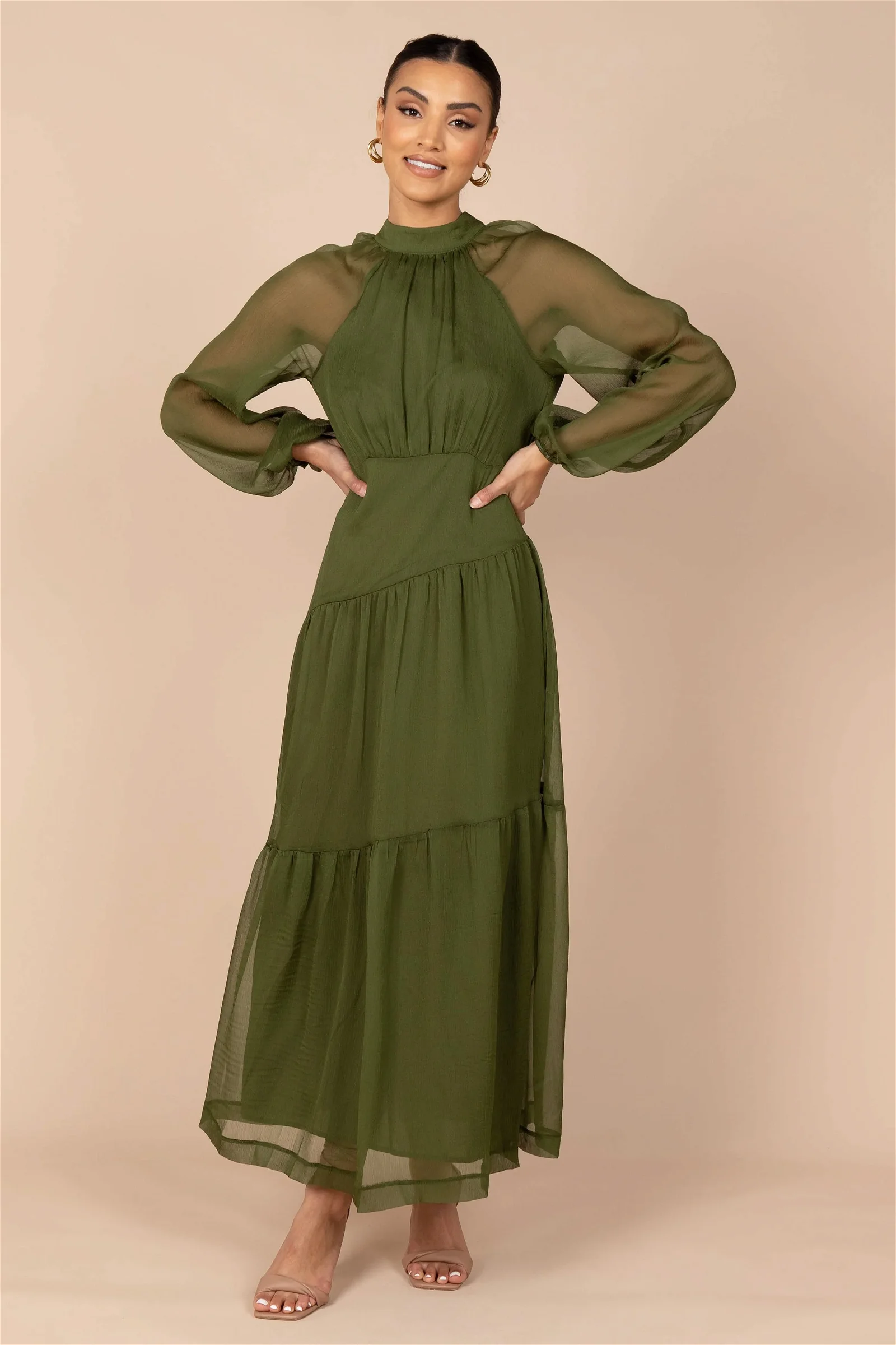 Julip Sheer Long Sleeve Maxi Dress - Olive