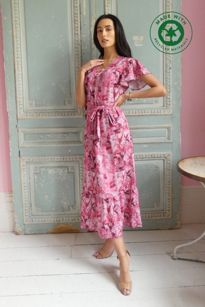 Zelia Patchwork Pink Frill Sleeve Maxi Dress