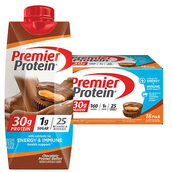 Premier 30g Protein Chocolate Peanut Butter PLUS Energy and Immune Support Shakes, 11 fl oz, 18-Pack