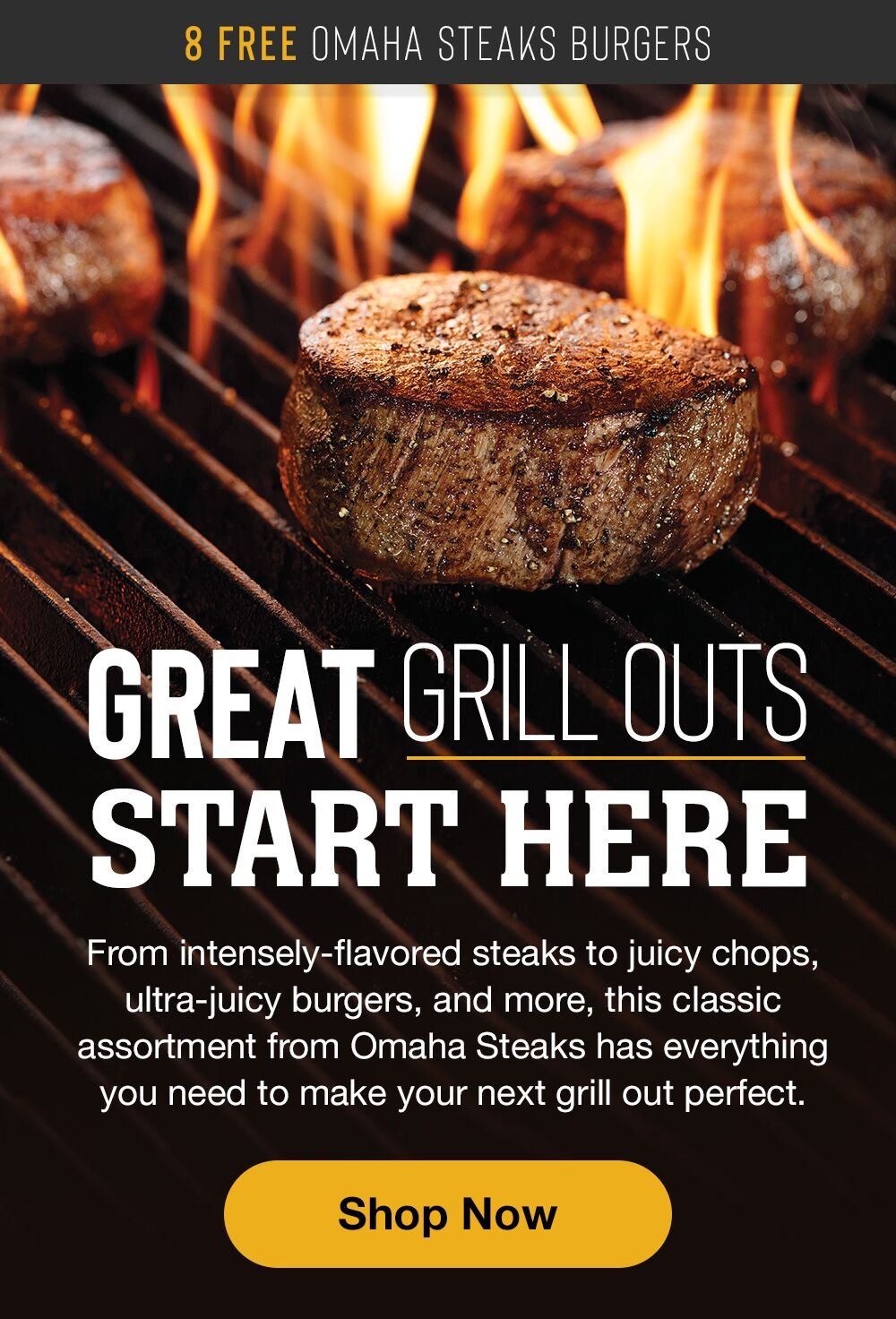 8 FREE OMAHA STEAKS BURGERS | GREAT GRILL OUTS START HERE | From intensely-flavored steaks to juicy chops, ultra-juicy burgers, and more, this classic assortment from Omaha Steaks has everything you need to make your next grill out perfect. || Shop Now