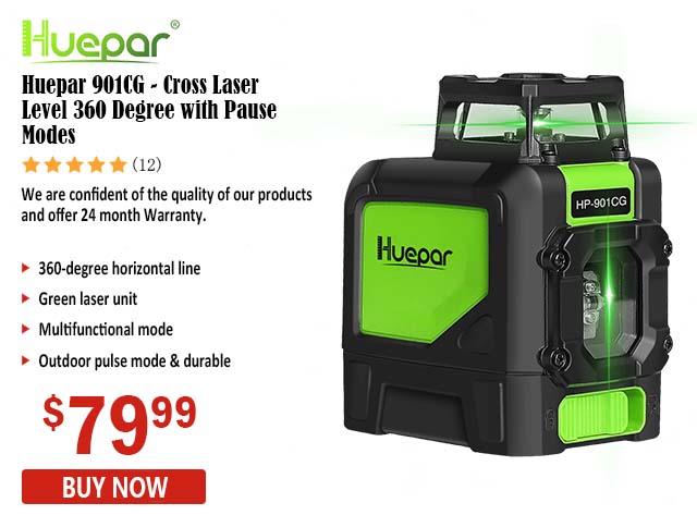 Huepar 901CG - Cross Laser Level 360 Degree with Pause Modes
