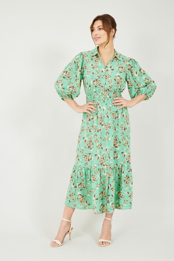 Yumi Green Floral Midi Shirt Dress
