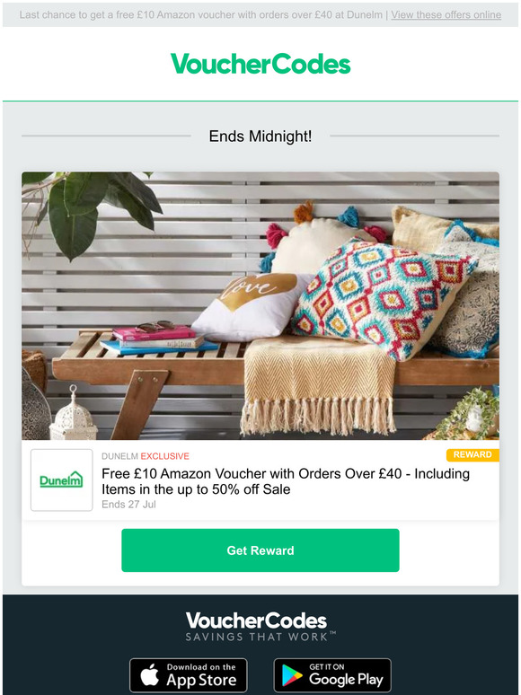 vouchercodes.co.uk Dunelm Free £10 Amazon Voucher Ends Midnight