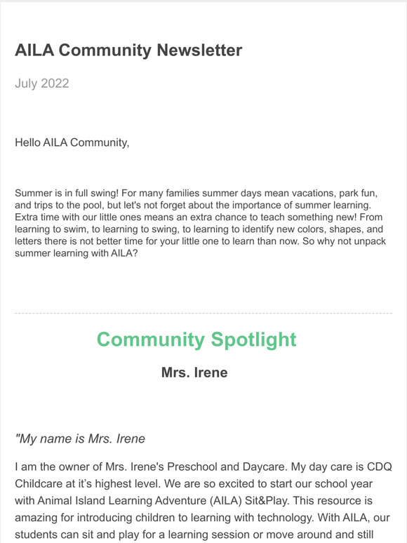 AILA Community Newsletter - Moms Edition 💚