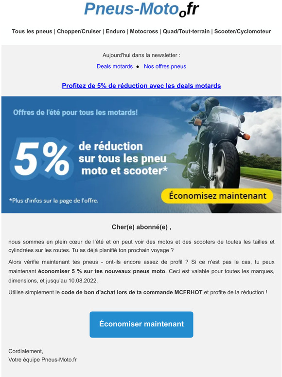 Offre sur les pneus : 5% de réduction sur tous les pneus