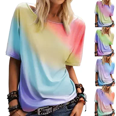 Women‘s clothing rainbow gradient printing casual top round neck short sleeve loose t-shirt