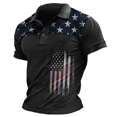 Men's Golf Shirt National Flag Turndown Street Casual 3D Button-Down Short Sleeve Tops Casual Fashion Comfortable Black