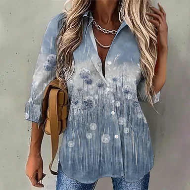Women's Blouse Floral Dandelion Daily Holiday Weekend Floral Blouse Shirt Long Sleeve Button Print Shirt Collar Casual Streetwear Blue Pink Yellow S / 3D Print