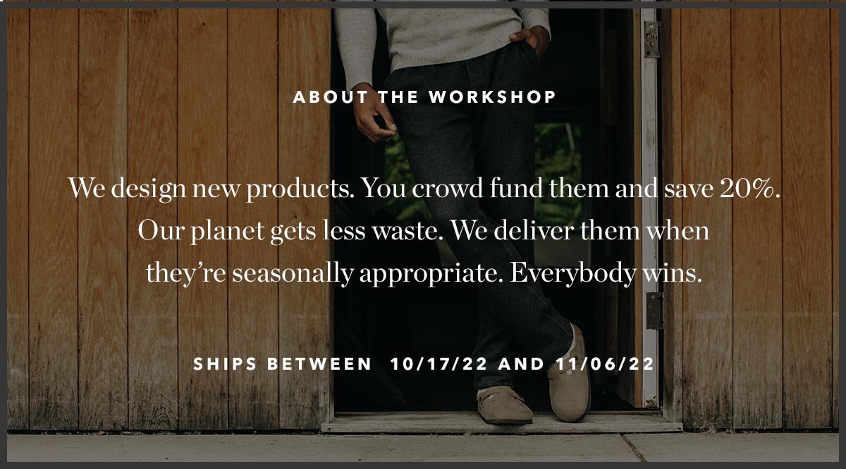 About the Workshop: We design new products, you crowd fund them and save 20%. Everybody wins.