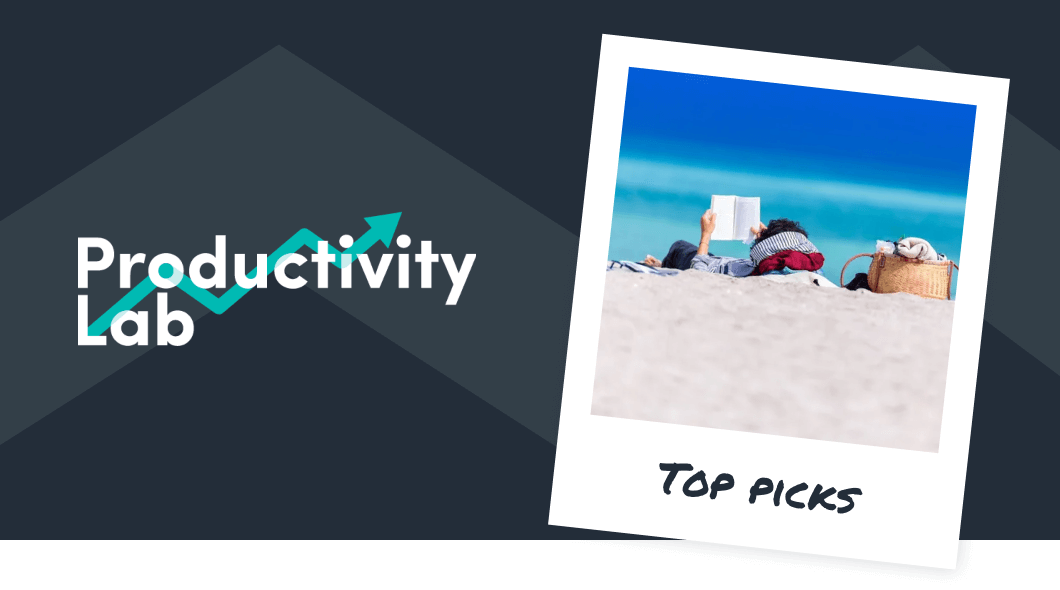 The productivity Lab logo and a poleroid image with the writing 'top picks' and someone reading on the beach