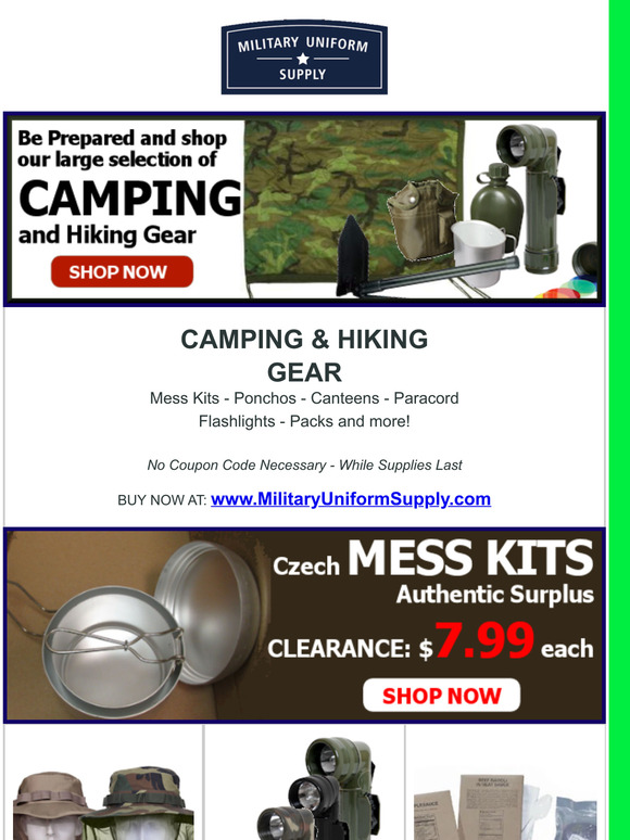 LOW Prices on Camping and Hiking Gear - CLEARANCE MREs, Paracord and Mess Kits