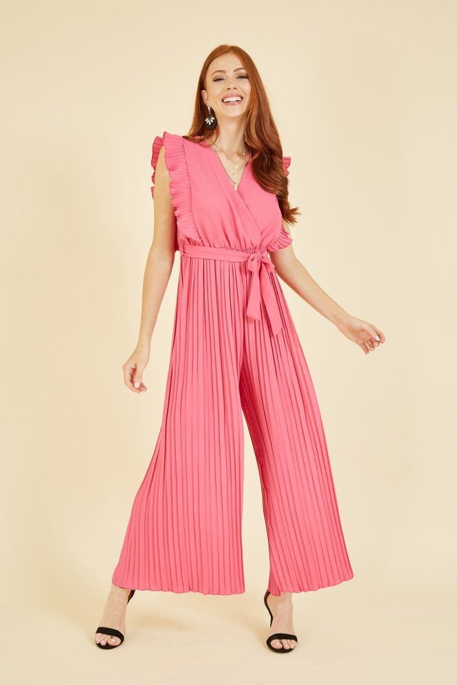 Mela Pink Pleated Wrap Jumpsuit With Frill Detail