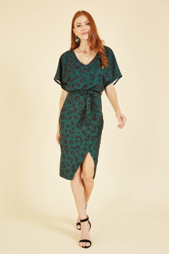 Mela Green Animal Print Kimono Sleeve Wrap Dress