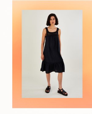 Crochet trim midi dress in sustainable cotton black