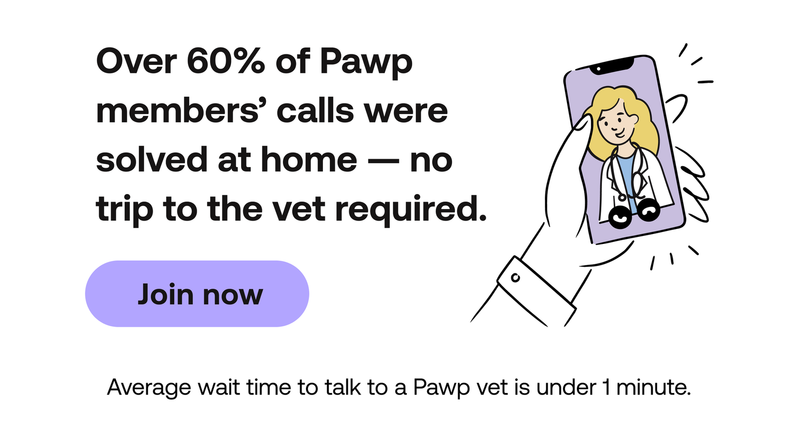 Over 60% of Pawp members' calls were solved at home - no trip to the vet required. Join now. Average wait time to talk to a Pawp vet is under 1 minute. 
