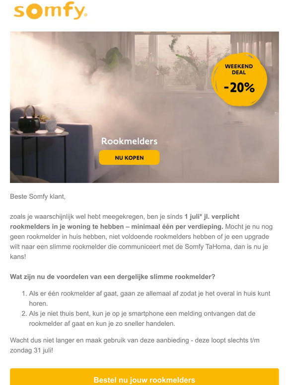 Heb jij genoeg rookmelders in huis? Bespaar nu 20% op Somfy rookmelders