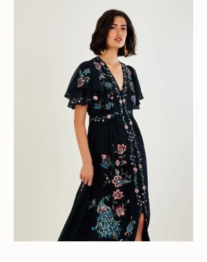 Triss embroidered peacock dress in recycled polyester black