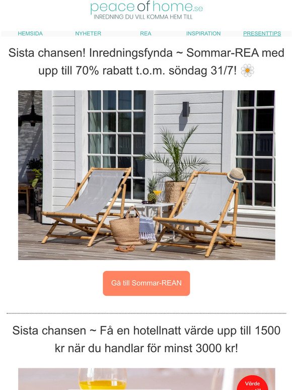 👉 Sista chansen ~ Sommar-REAN slutar imorgon + Få en hotellnatt. Fynda inredning & möbler med upp till 70% i rabatt!  ☀️