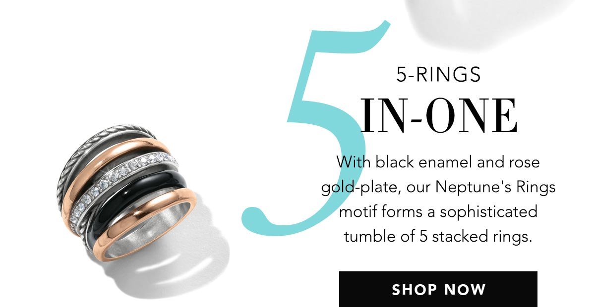 5: Five-Rings In-One - With black enamel and rose gold-plate, our Neptune's Rings motif forms a sophisticated tumble of five stacked rings. - Shop Now