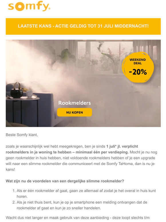 Laatste kans om 20% op Somfy rookmelders te besparen