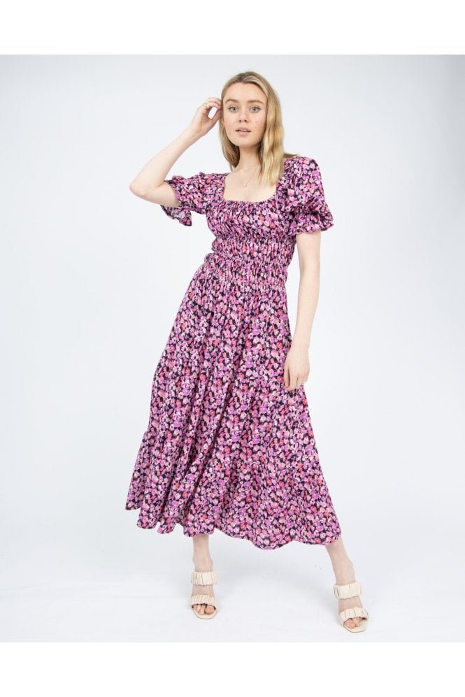 Jessie Tiered Shirred Midi Dress in Pink Peony Floral