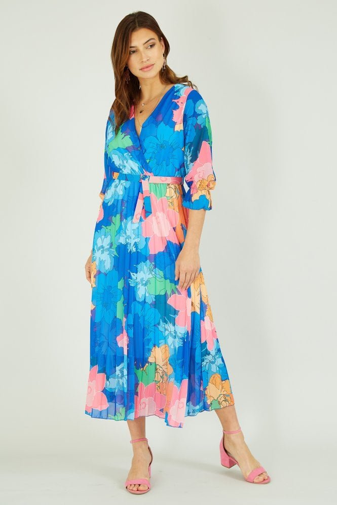 Yumi Blue Tropical Floral Midi Pleated Dress With Belt