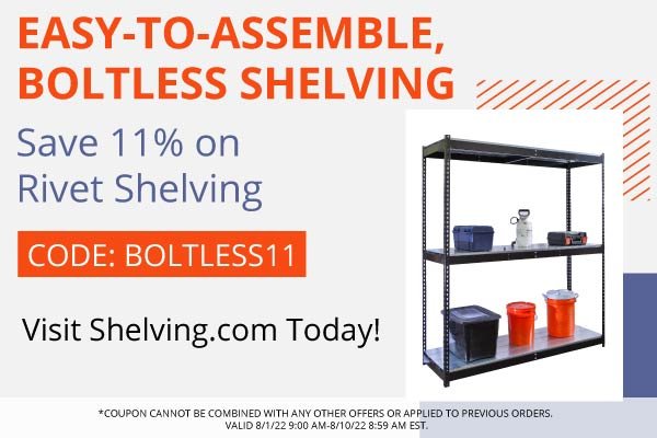 Easy-to-Assemble Boltless Shelving - Save 11% on rivet shelving - CODE: BOLTLESS11