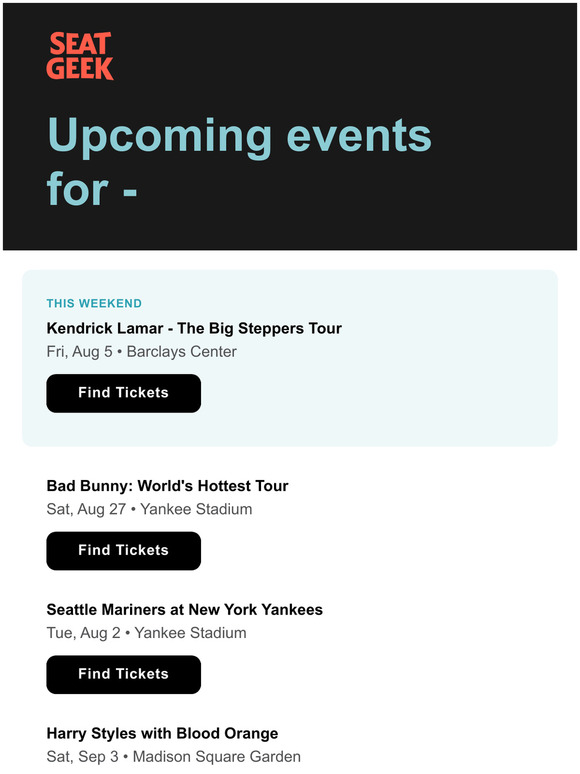 SeatGeek Kendrick Lamar / Bad Bunny / New York Yankees / more! Milled
