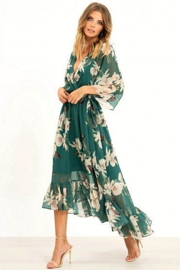 Floral Print Green Kimono Midi Wrap Dress