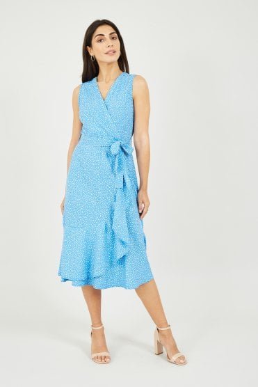 Mela Blue Dash Printed Wrap Midi Dress