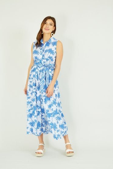 Yumi Cotton Palm Print Tiered Midi Dress