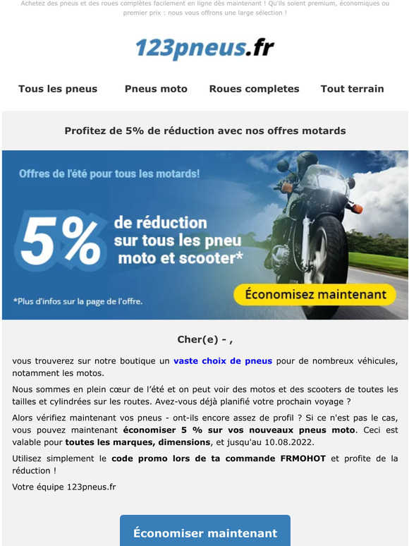 5% de réduction sur tous les pneus moto