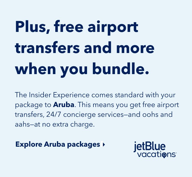 Plus, free airport transfers and more when you bundle. The Insider Experience comes standard with your package to Aruba. This means you get free airport transfers, 24/7 concierge services-and oohs and aahs-at no extra charge. Click here to explore Aruba packages.