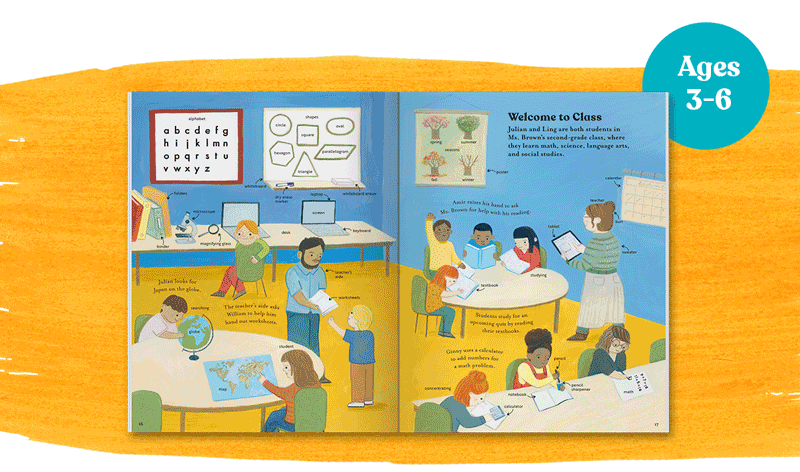 An animated gif of two Interior spreads from Ready-for-School Words