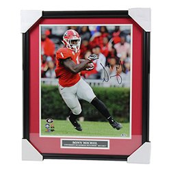 Sony Michel Autographed Signed Georgia Bulldogs Framed Red Jersey Cutting Upfield 16x20 Photo with Nameplate - Beckett Authentic

