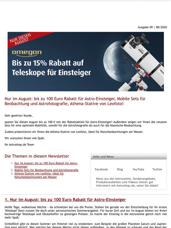 🔭Nur im August: bis zu 100 Euro Rabatt für Astro-Einsteiger, Mobile Sets für Beobachtung und Astrofotografie, Athena-Stative von Leofoto!🌖