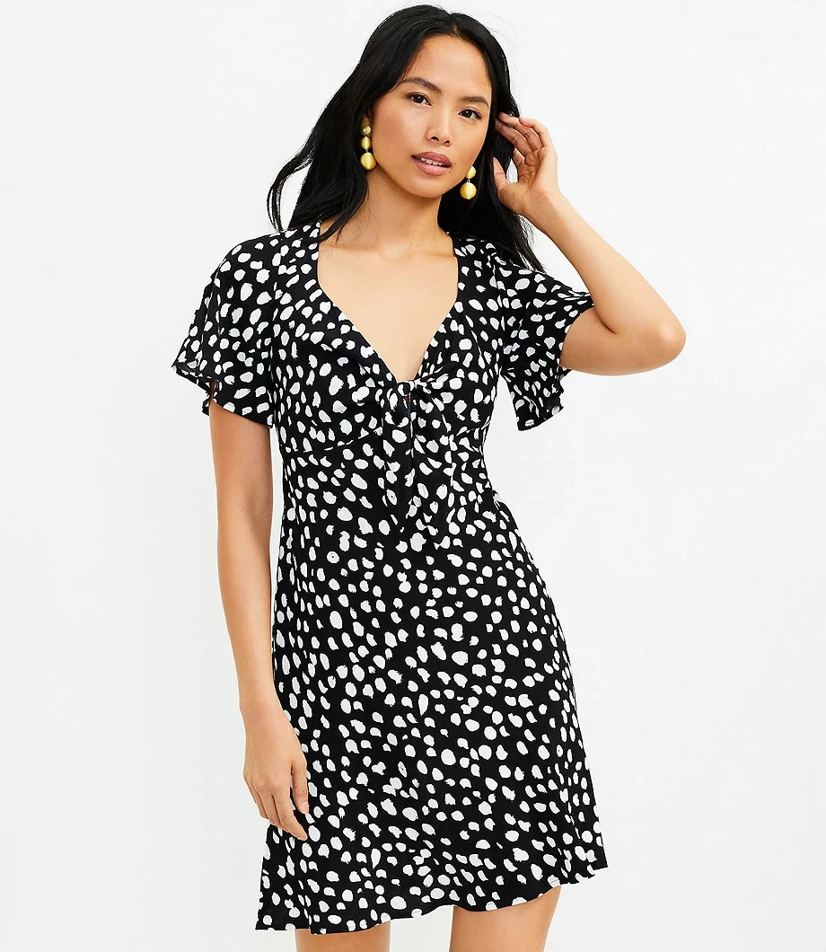 Dotted Tie Front Flare Dress