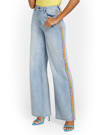 Image of High-Waisted Rainbow-Stripe Wide-Leg Jeans