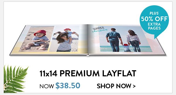 Shop 11 by 14 premium layflat hardcover books, now only 38 dollars and 50 cents.  Plus, get an extra 50 percent off extra pages