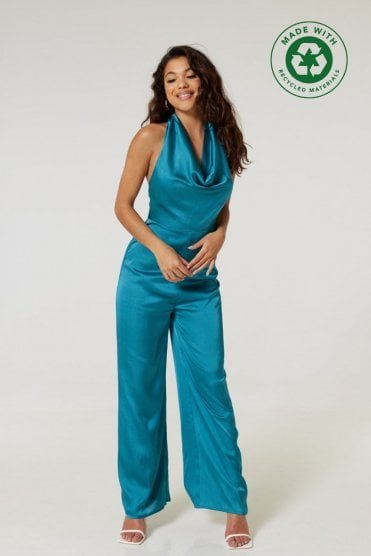 Ellie backless jumpsuit in recycled satin fabric in teal green