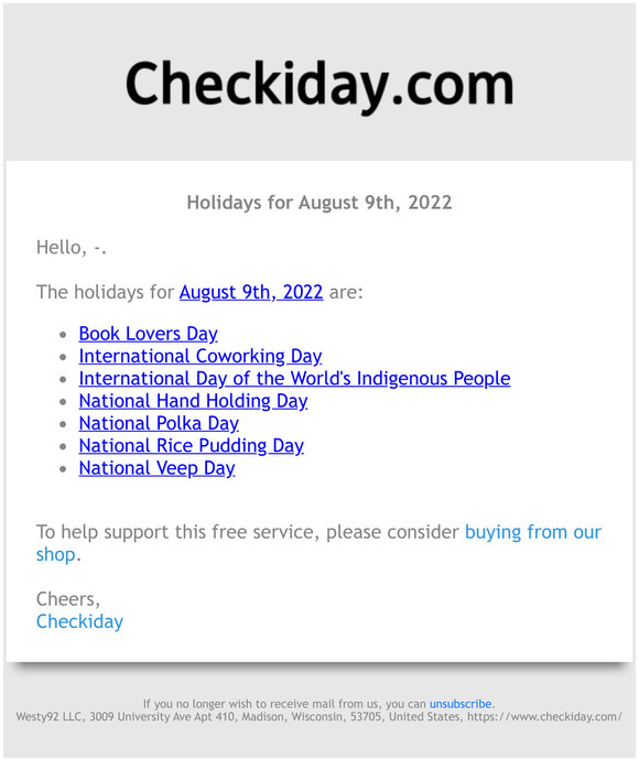 Checkiday Holidays for August 9th, 2022! 📅🎉 Milled