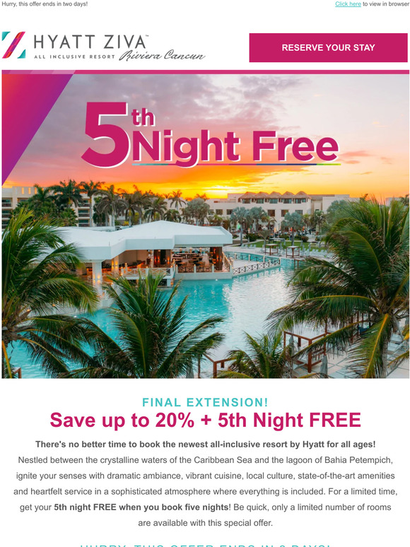 Playa Hotels Resorts: Final Chance: 5th Night FREE at Hyatt Ziva Playa Hotels Resorts: Final Chance: 5th Night FREE at Hyatt Ziva