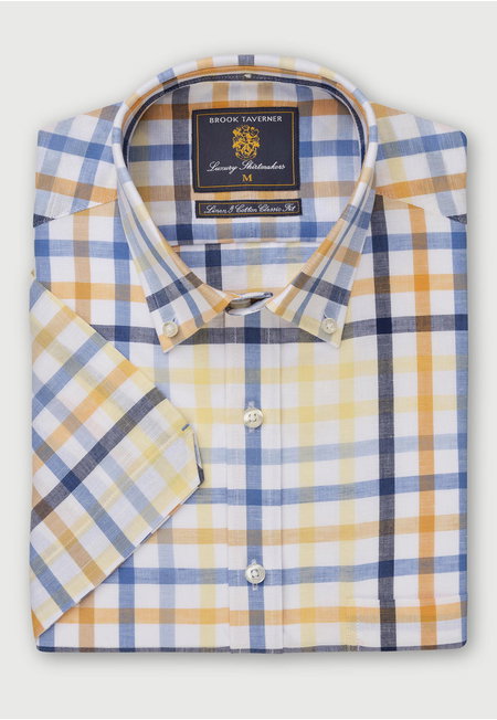 Yellow, Navy, Blue and Peach Grid Check Short Sleeve Shirt