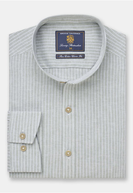 Grandad Collar Sage Butcher's Stripe Cotton Linen Shirt