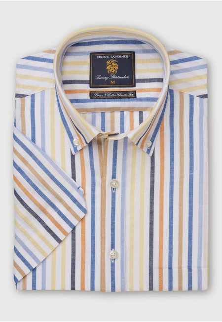 Yellow, Navy, Sand, Blue and Orange Stripe Short Sleeve Shirt