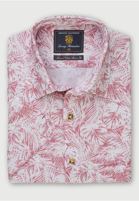 Rose Leaf Print Short Sleeve Linen Cotton Shirt