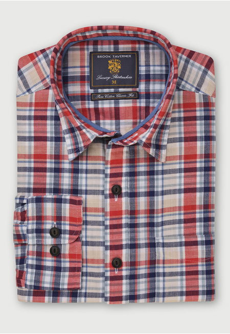 Strawberry, Navy and Sand Check Washed Cotton Shirt