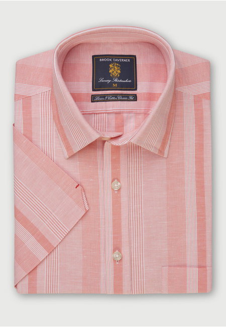 Peach Stripe Short Sleeve Linen Cotton Shirt